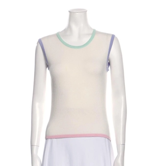 CHANEL Cashmere VTG 98' Cream Sweater Color Trim Sleeveless Sweater Top 40FR - Picture 9 of 9